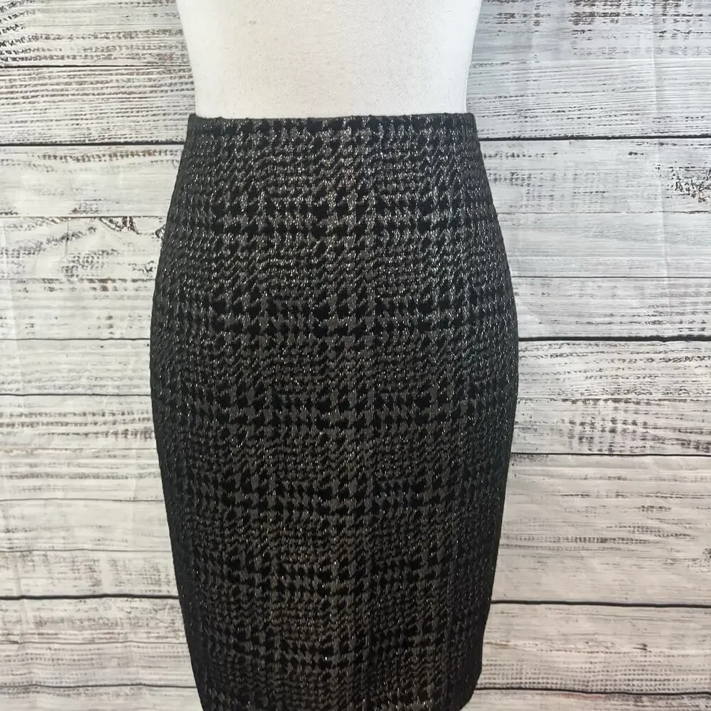 Liz Claiborne Skirt sz 6 Black Silver Sparkle Plaid Wool Pencil Knee Suit Career - Picture 2 of 8